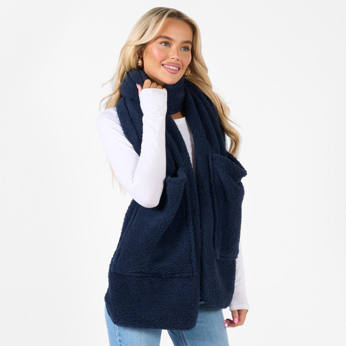 OHS Long Teddy Fleece Scarf Pocket Soft Wrap Plush Womens Shawl Neck Hand Warmer
