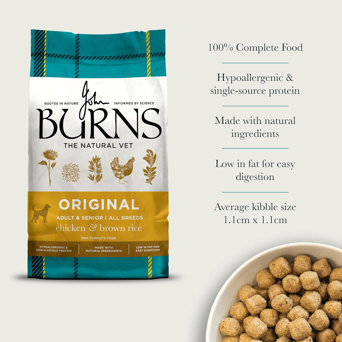 Burns Pet Nutrition Hypoallergenic Complete Dry Dog Food Adult and Senior Dog Original Chicken and Brown Rice 12 kg