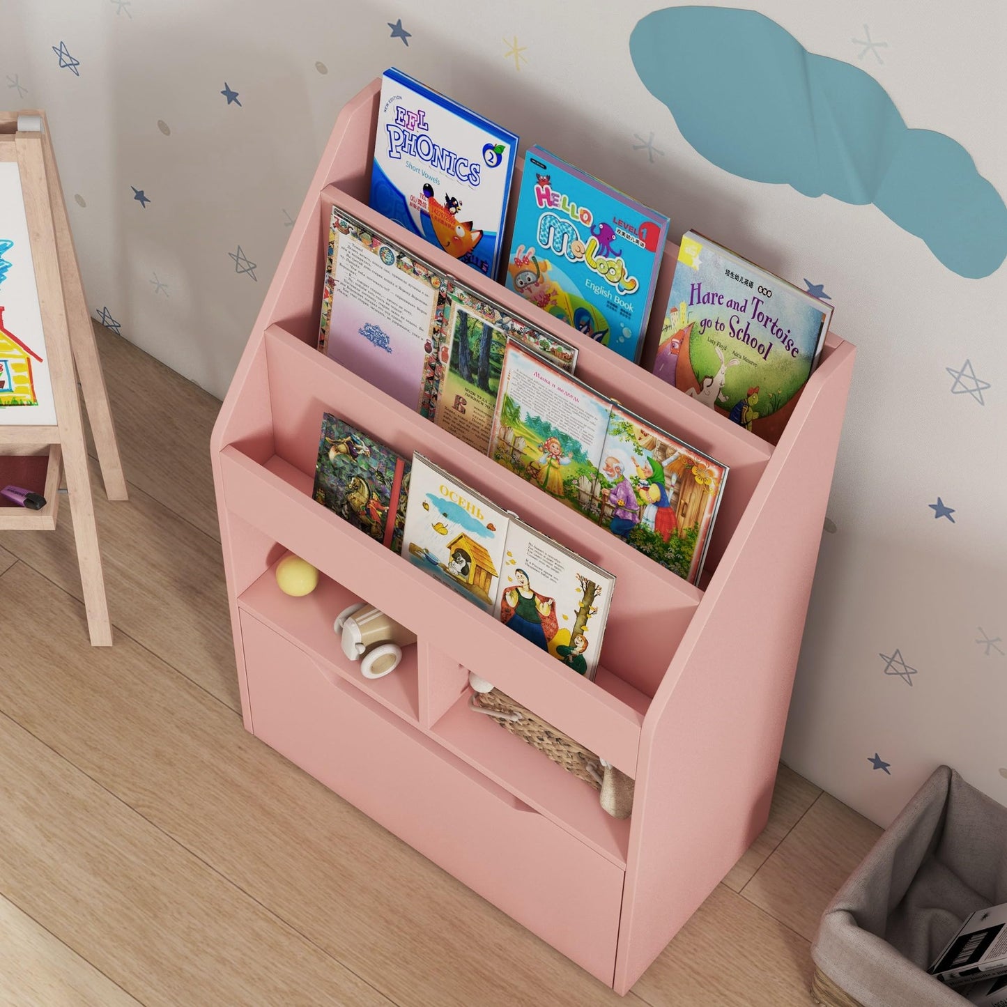 HOMCOM Kids Bookshelf with Moveable Drawer, Montessori-Inspired Children's Bookcase with Wheels, Toy Organiser for Bedroom, Playroom - White