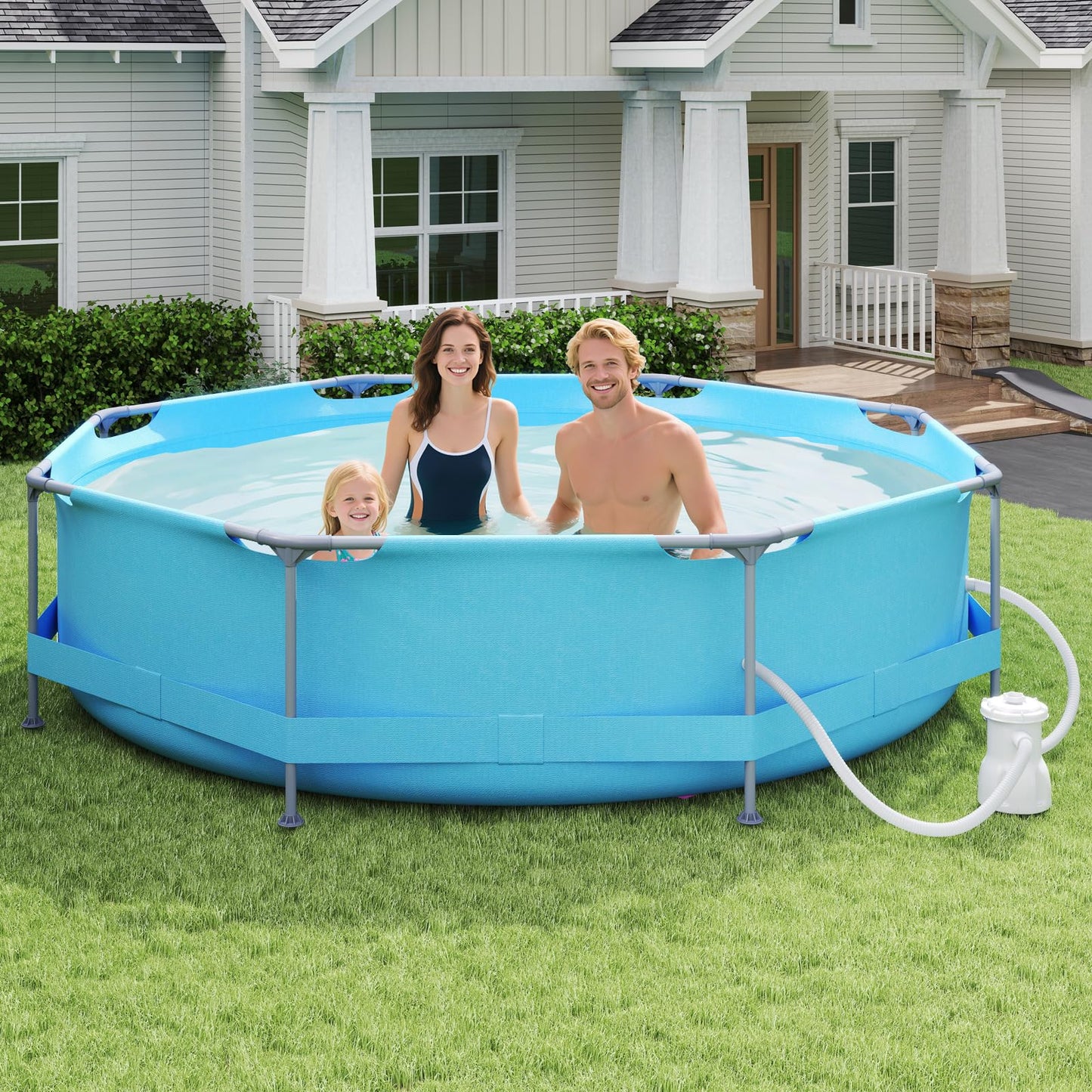 COSTWAY Above Ground Swimming Pool, Outdoor Round/Rectangular Large Framed Pool Set, Metal Frame Garden Family Pools for Kids and Adults (Gray, 300 x 207 x 66 cm, Rectangular)