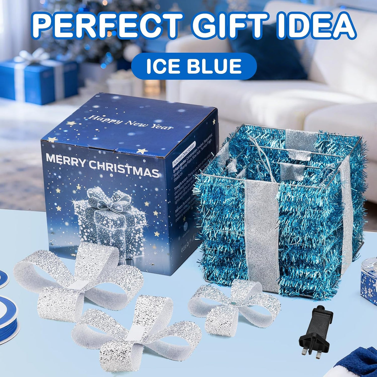 Set of 3 Blue Lighted Boxes, Silver Bows, Christmas Decor Indoor/Outdoor