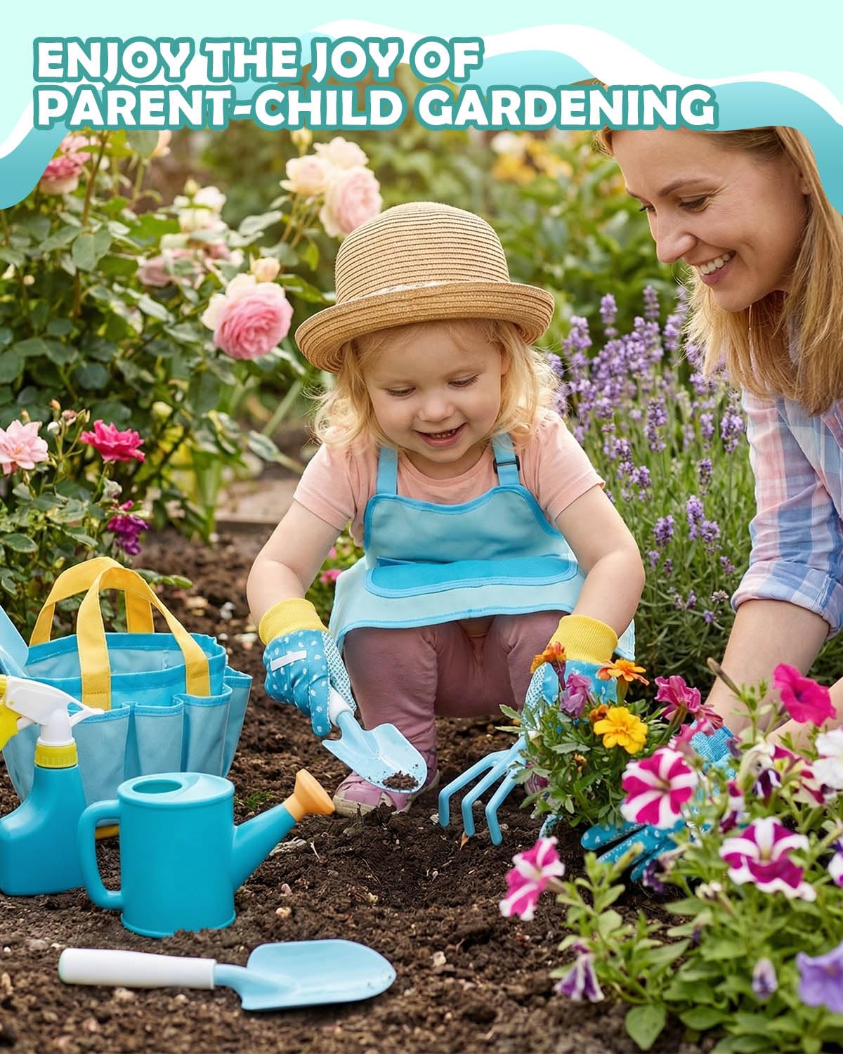 15pcs Kids Gardening Tool Set, Outdoor Gardening Set with Tools, Rake, Fork, Trowel, Watering Can, Gloves, Tote Bag & Plant Pots, Fun Garden Gift for Boys Girls Ages 3-12, Sky Blue