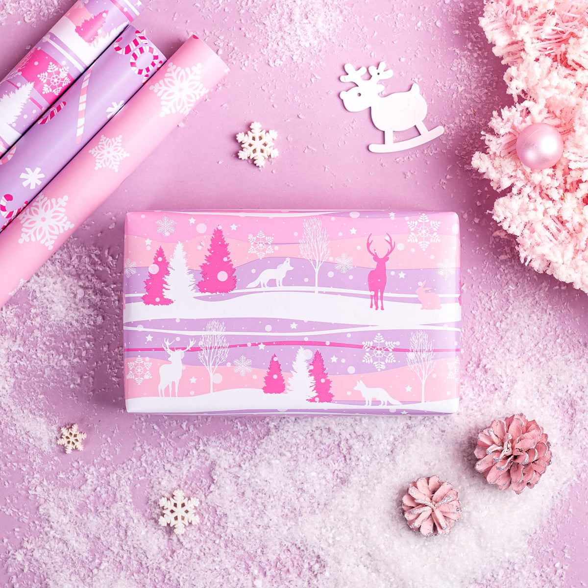 RUSPEPA Christmas Wrapping Paper Roll - Mini Roll - 3 Rolls - 43.2cm x 3m Per Roll - Bird, Christmas Garland, Holly and Pinecones Holiday Design with Metallic Foil Shine