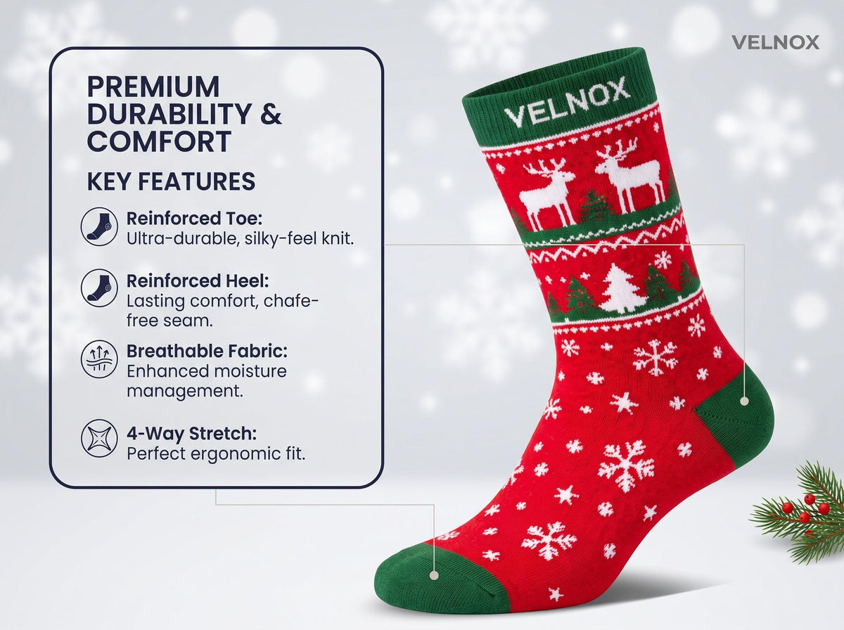 Christmas Socks for Men & Women, 6 Pairs, Festive Reindeer Cotton Crew