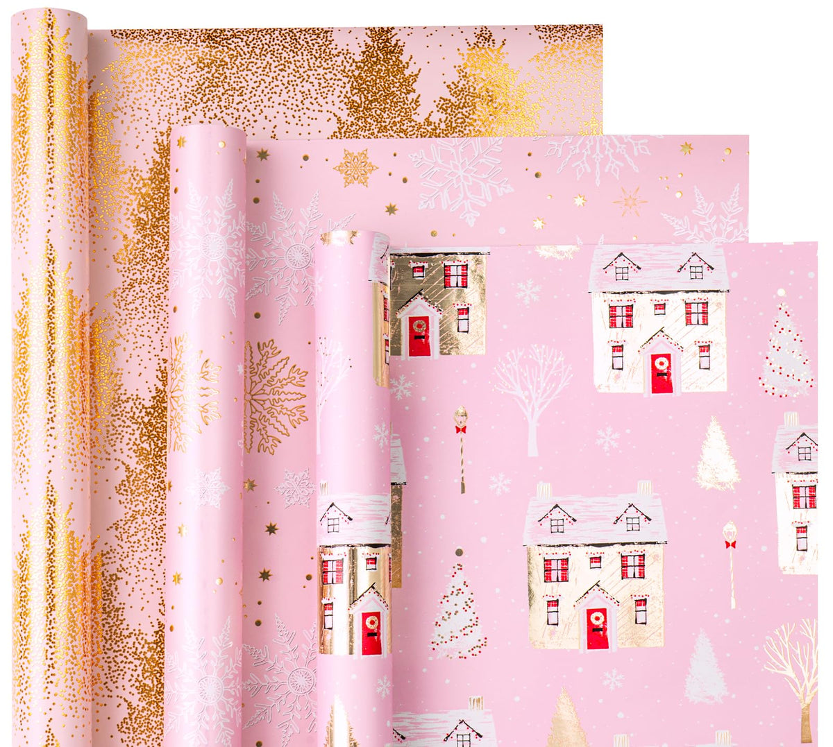 RUSPEPA Christmas Wrapping Paper Roll - Mini Roll - 3 Rolls - 43.2cm x 3m Per Roll - Bird, Christmas Garland, Holly and Pinecones Holiday Design with Metallic Foil Shine