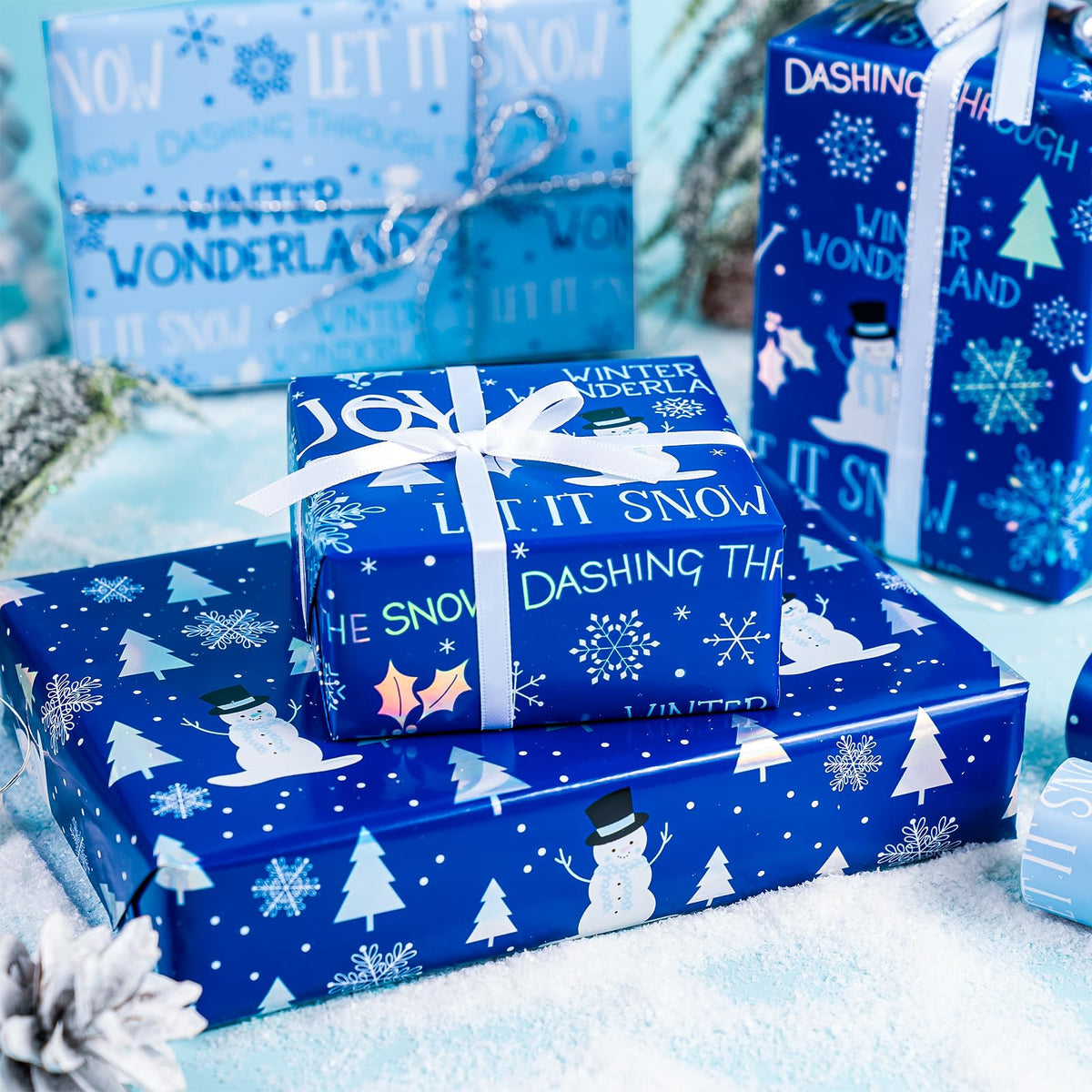 RUSPEPA Christmas Wrapping Paper Roll - Mini Roll - 3 Rolls - 43.2cm x 3m Per Roll - Bird, Christmas Garland, Holly and Pinecones Holiday Design with Metallic Foil Shine