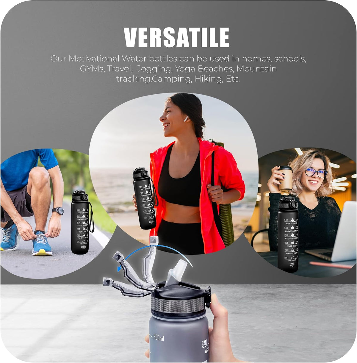 Roe Tenpo Sports Water Bottle with Straw and Time Marking, and 32OZ Capacity - Motivational and Eco-Friendly BPA-Free Bottle for Running, Gym, Yoga, Outdoors, and Camping (Style-1, Black)