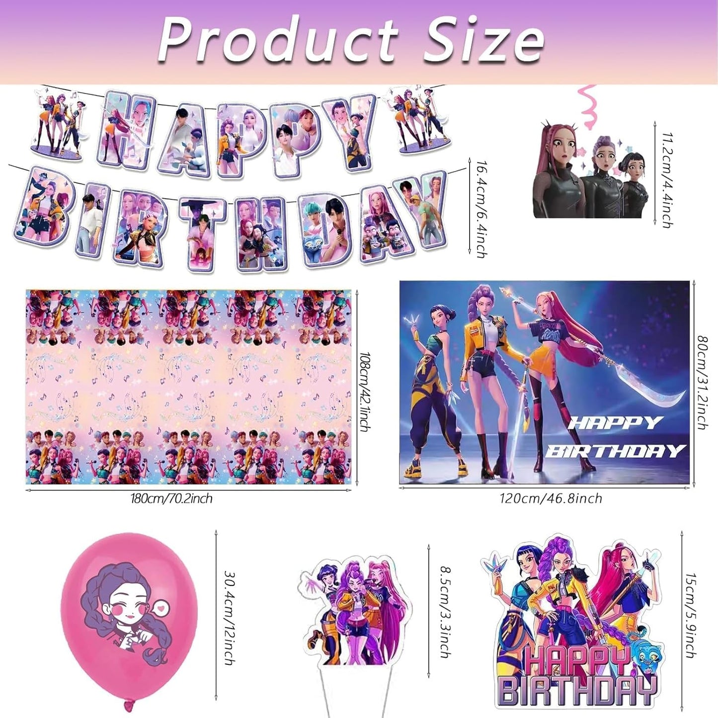 K Pop Demon Hunters Party Supplies, 50 PCS Birthday Decorations Set Include Banner, Balloons,, Hanging Swirls, Cake Cupcake Toppers, Tablecloth for Boys Girls Hunters Theme Party