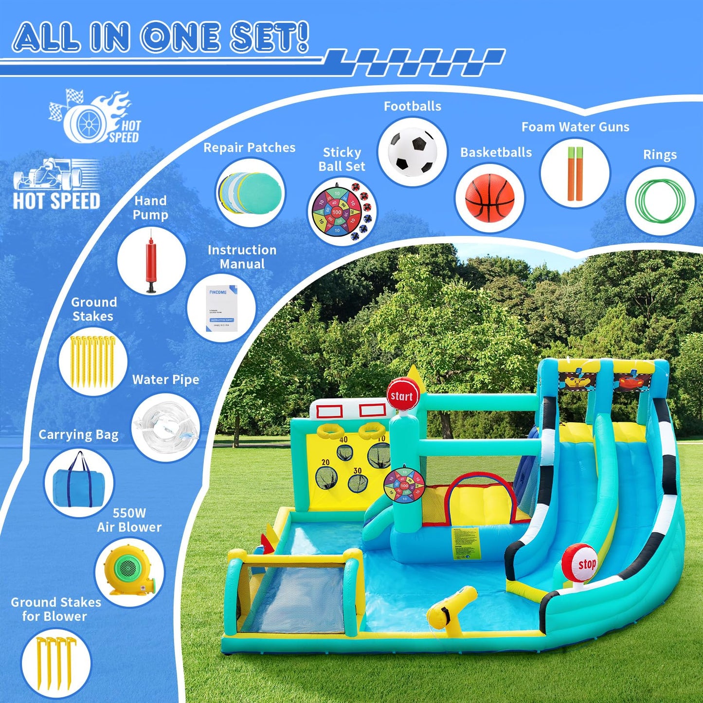 Inflatable Bouncy Castle with Slide Trampoline and Ball Pit, Bounce House Indoor Outdoor with Air Blower for Toddler Garden Park Backyard Party Wedding Birthday Gift, 470 x 400 x 220 cm