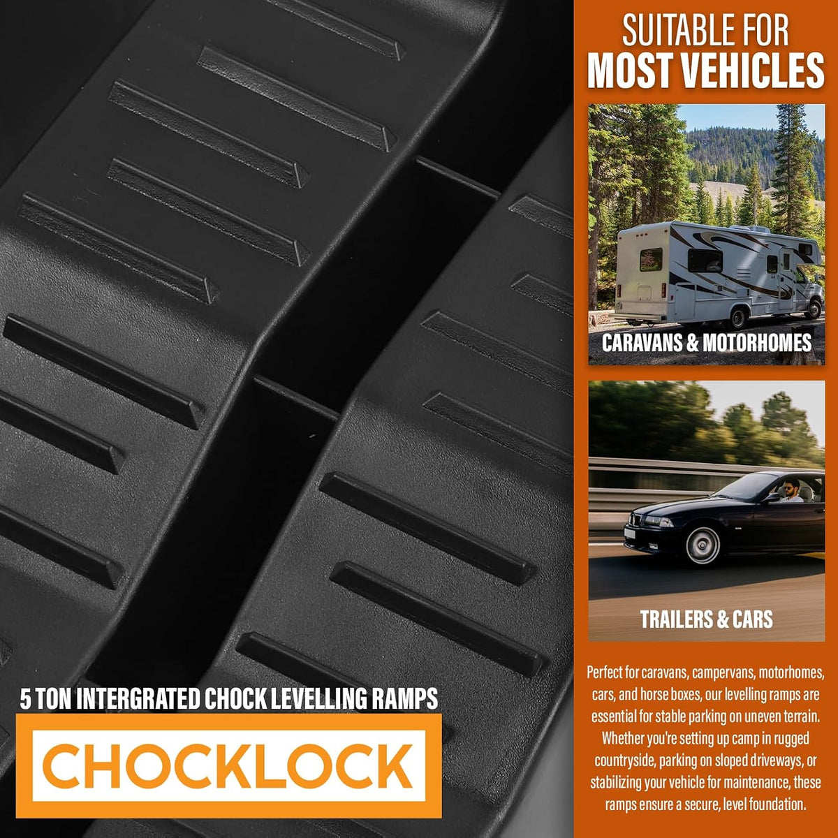 Xtremeauto CHOCKLOCK Caravan Levelling Ramps - 2 Pack Heavy Duty Motorhome Ramps with Chocks & Bag, UV-Resistant Non-Skid Campervan Blocks (5 Tonne Load) - Black