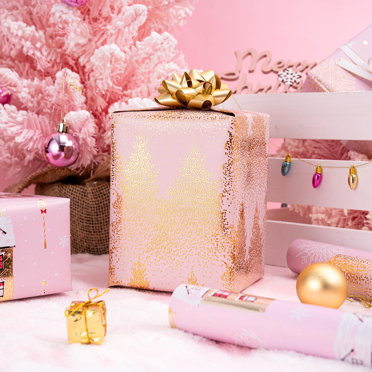 RUSPEPA Christmas Wrapping Paper Roll - Mini Roll - 3 Rolls - 43.2cm x 3m Per Roll - Bird, Christmas Garland, Holly and Pinecones Holiday Design with Metallic Foil Shine