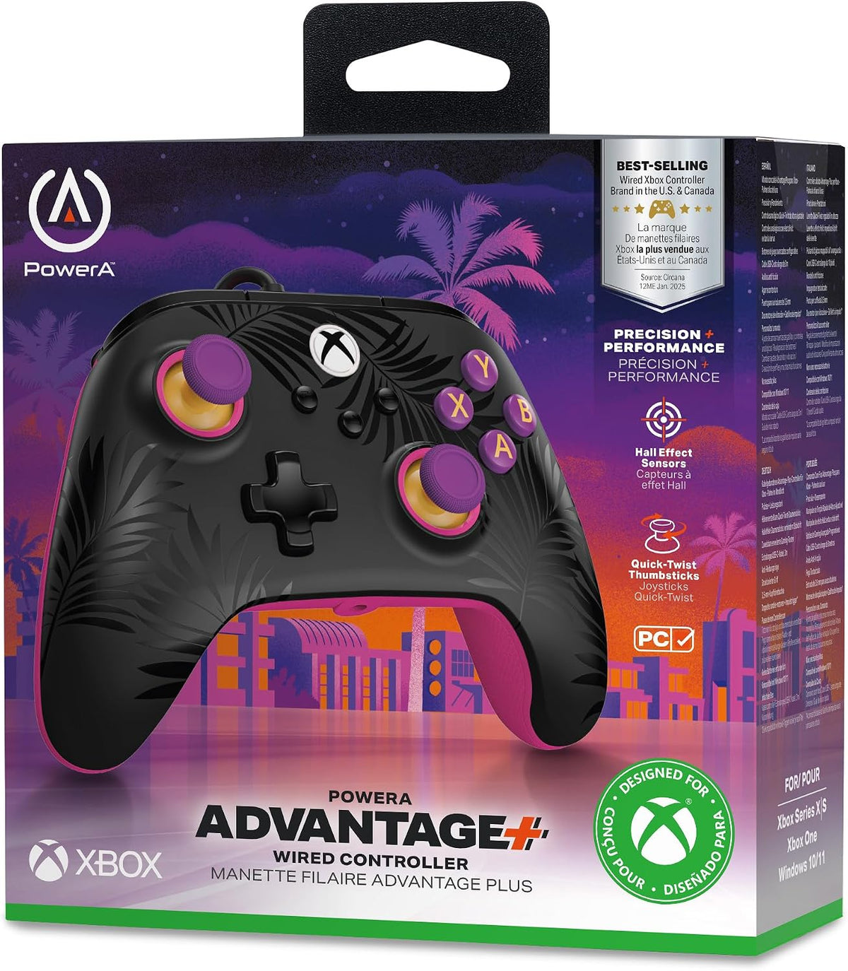 PowerA Advantage Plus Wired Controller for Xbox Series X|S - Moonlit Palms, officially licensed, adjustable height thumbsticks, hall effect, mappable buttons, works with Xbox One and Windows 10/11 PC