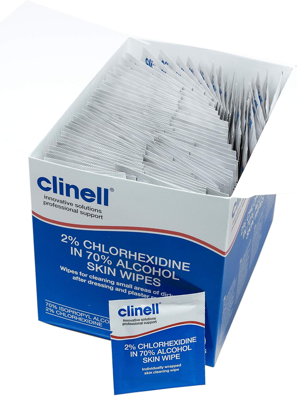 Clinell Skin Alcohol Wipes 200 Pack, Individually Wrapped - 2% Chlorhexidine & 70% Isopropyl Alcohol - Medical Cleansing Wipes - Hospital‑Grade, Latex‑Free & Dermatologically Tested
