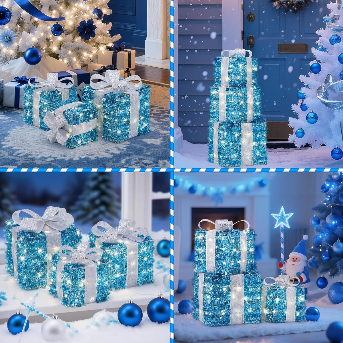 Set of 3 Blue Lighted Boxes, Silver Bows, Christmas Decor Indoor/Outdoor