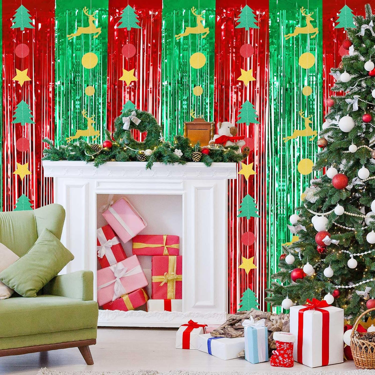JULMELON 4 Pcs Christmas Tinsel Foil Fringe Curtains with Garland Decor