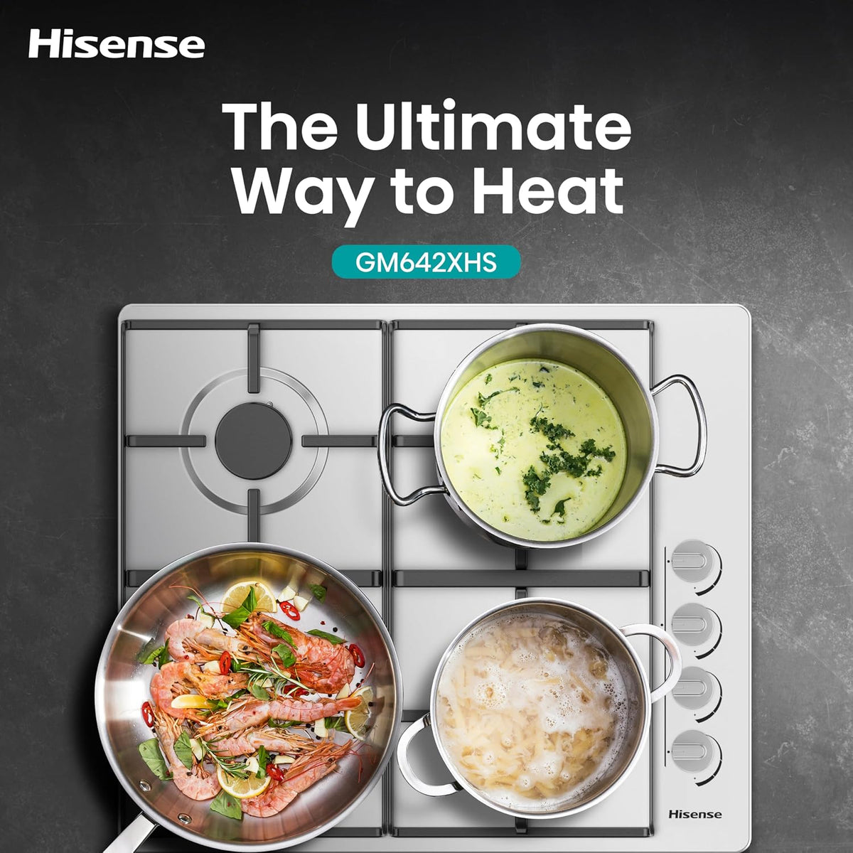 Hisense GM642XHS Built-in 60cm Gas Hob - Stainless Steel with 4 Cooking Areas, Easy Clean Surface, One -Hand Ignition, 60 x 52 x 8.9 cm (L x W x H)
