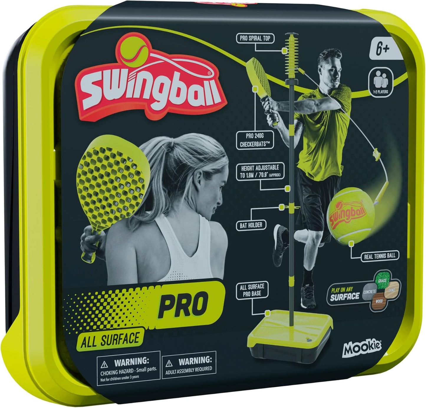 Swingballl PRO All Surface Tennis Ball Game Set, Swingball's Ultimate Outdoor Family Game for Ages 6+ to Adults, Real Tennis Ball and 2 Power Bats, Superior All Surface Base, Adjustable Height to 1.8M