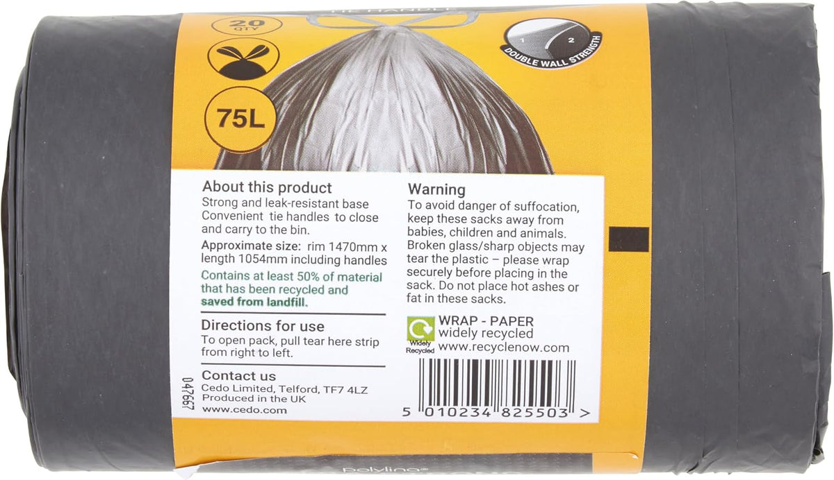 Bin Bags Extra Strong, 75 Litre, 20 Premium Heavy Duty Tie Handle Black Bin Liners Refuse Sacks, Everyday Use, Household, Office & Kitchen Waste