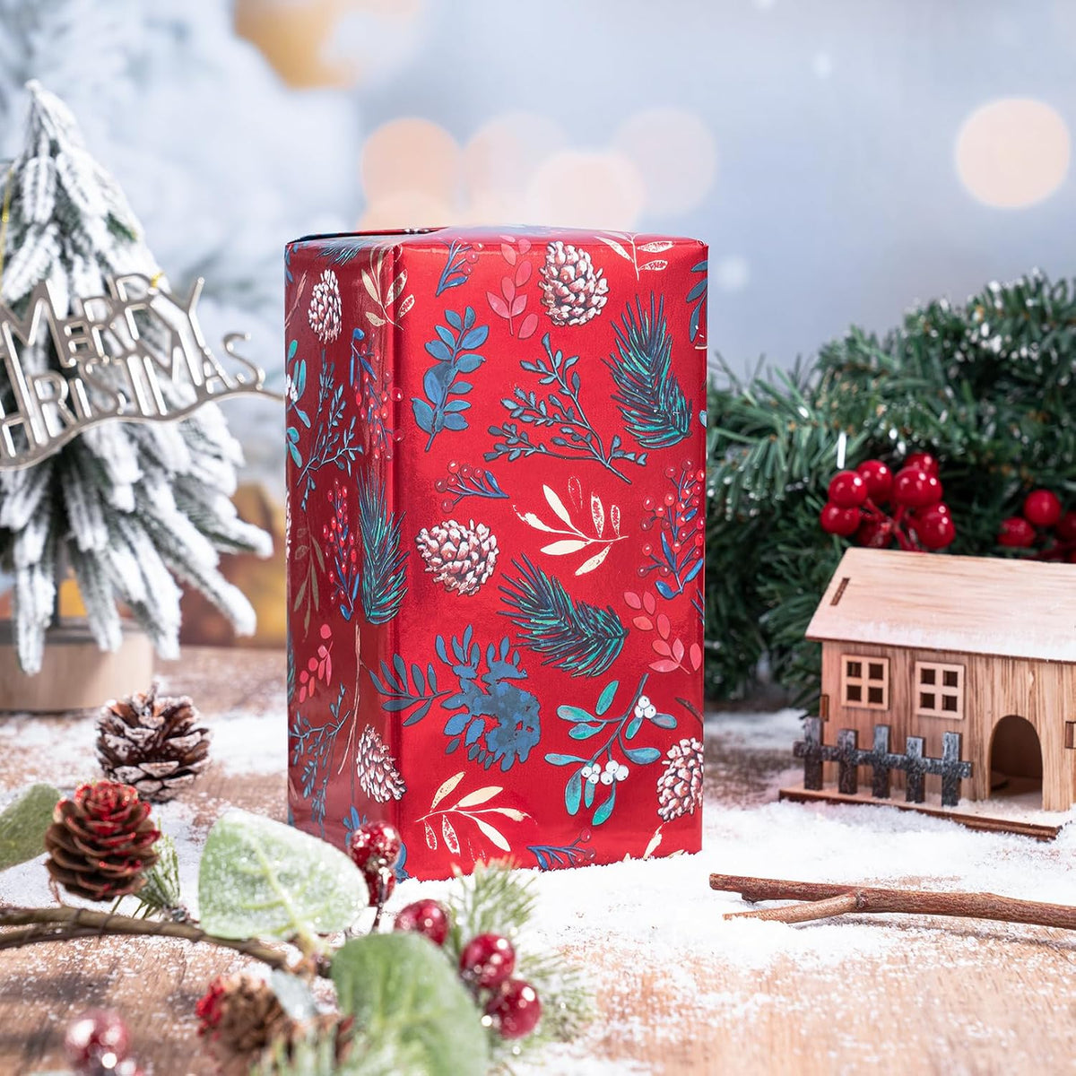RUSPEPA Christmas Wrapping Paper Roll - Mini Roll - 3 Rolls - 43.2cm x 3m Per Roll - Bird, Christmas Garland, Holly and Pinecones Holiday Design with Metallic Foil Shine