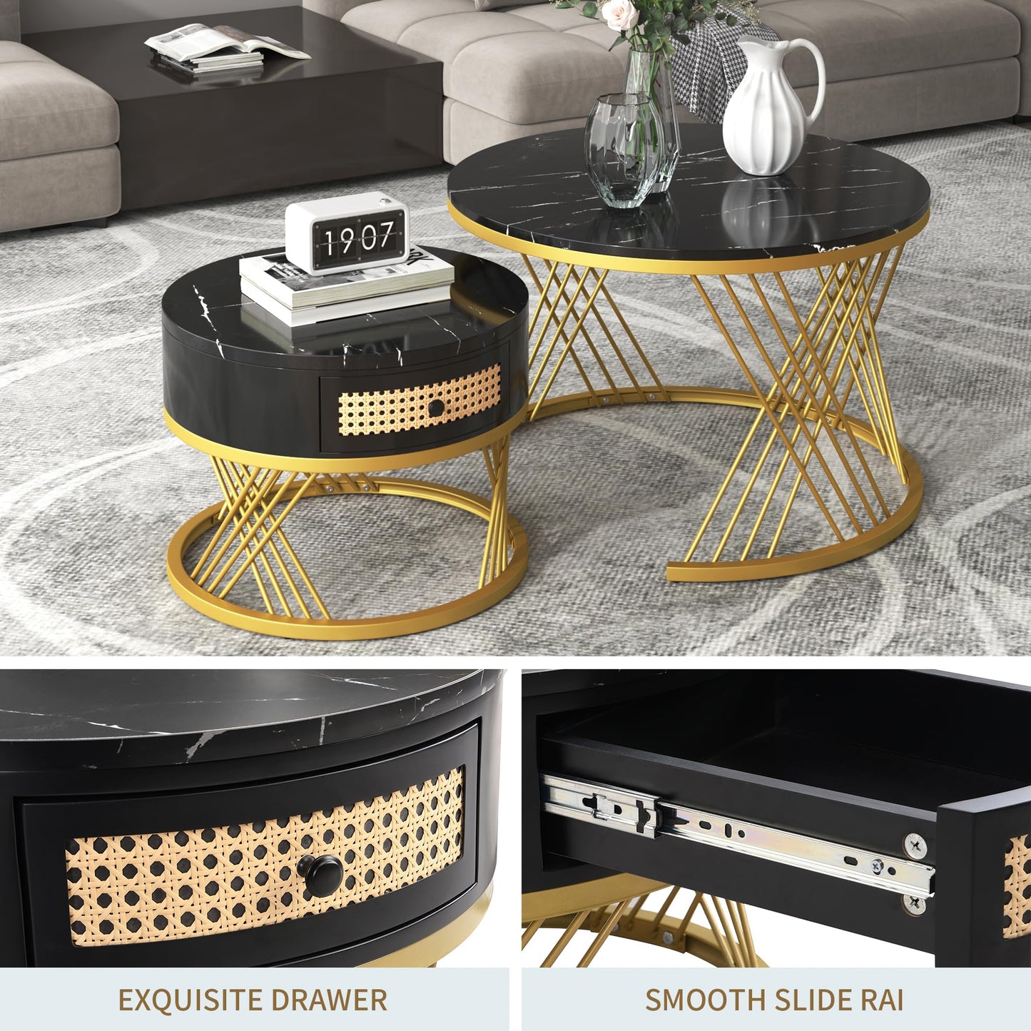 ModernLuxe 2-in-1 Coffee Table, Multi-functional Side Table with Marble Grain Veneer Top, Rattan Drawers, Solid Wood Handles, Gold Coloured Iron Legs, Round Nest of Tables for Living Room, Black