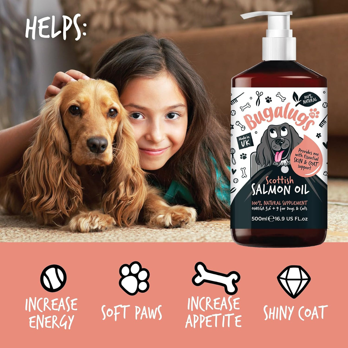 Bugalugs Scottish Salmon Oil For Dogs & Cats, Dog Supplement Support for Skin And Coat, Itchy Skin & Moulting, Omega 3 Fish Oil (Salmon, 500ml)