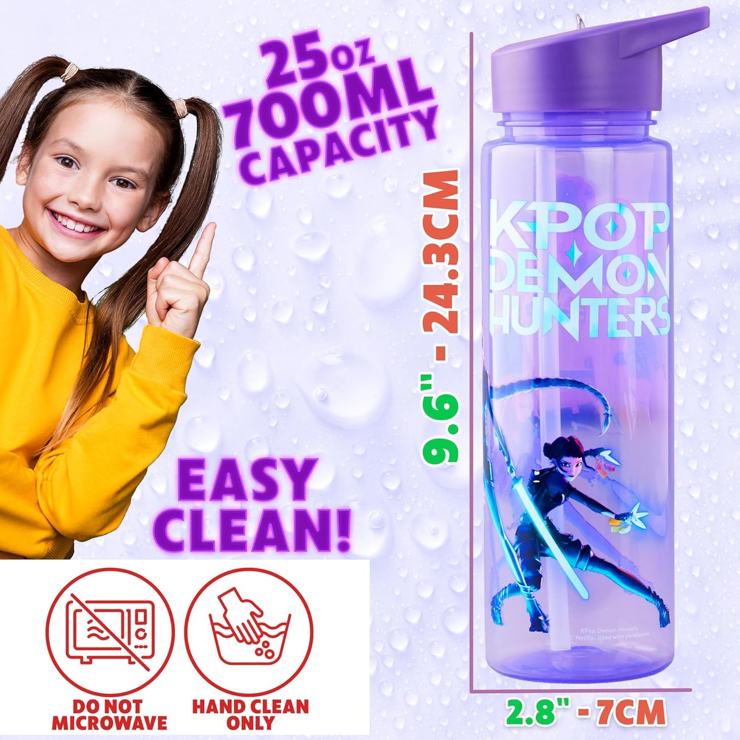 KPop Demon Hunters Water Bottle for Girls 25oz/700ml, Huntrix BPA Free Plastic Water Bottle with Straw, Rumi Zoey Mira Kpop Merchandise Gifts