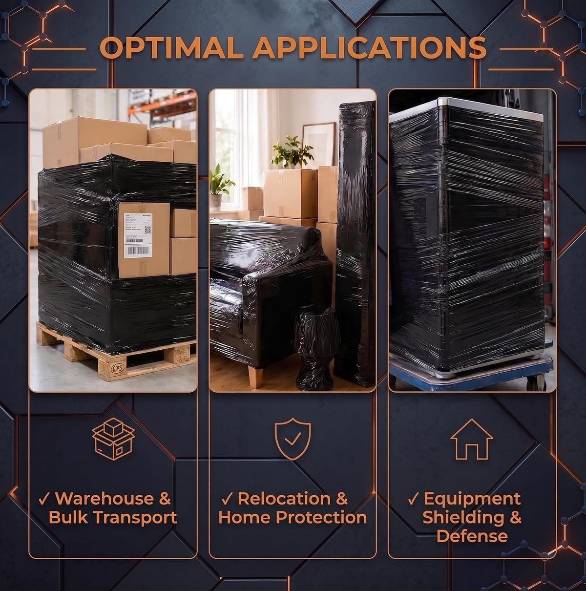 REQUISITE NEEDS Heavy Duty Stretch Film 400mm x 250m – Waterproof & Moisture Proof Pallet Wrap for Packaging, Moving & Storage (Black, 6)