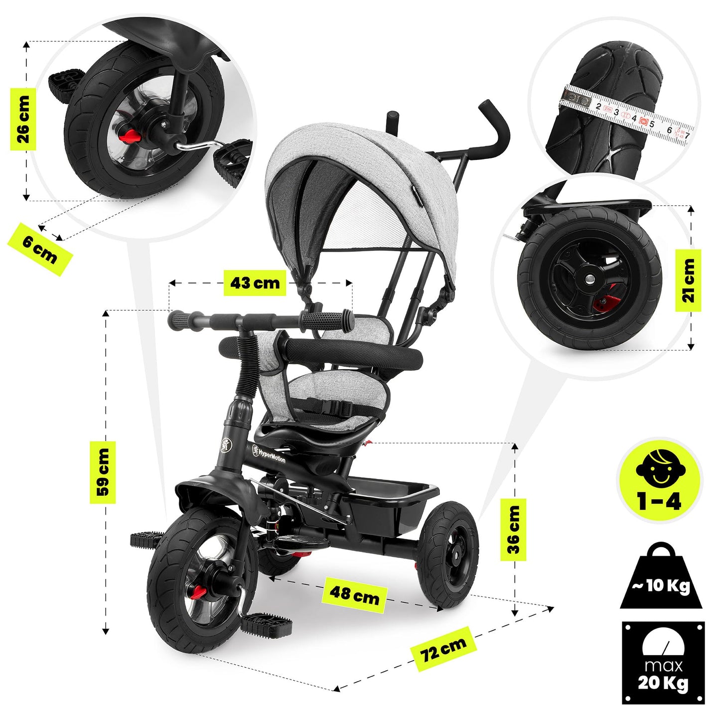 HyperMotion Toddler Tricycle with Parent Handle, Canopy, Safety Belt & Basket — From 12 Months