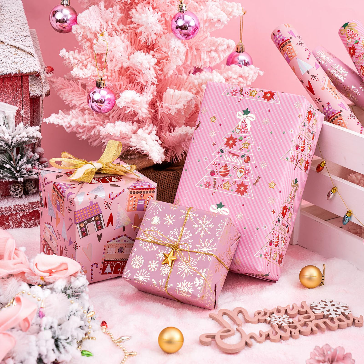 RUSPEPA Christmas Wrapping Paper Roll - Mini Roll - 3 Rolls - 43.2cm x 3m Per Roll - Bird, Christmas Garland, Holly and Pinecones Holiday Design with Metallic Foil Shine