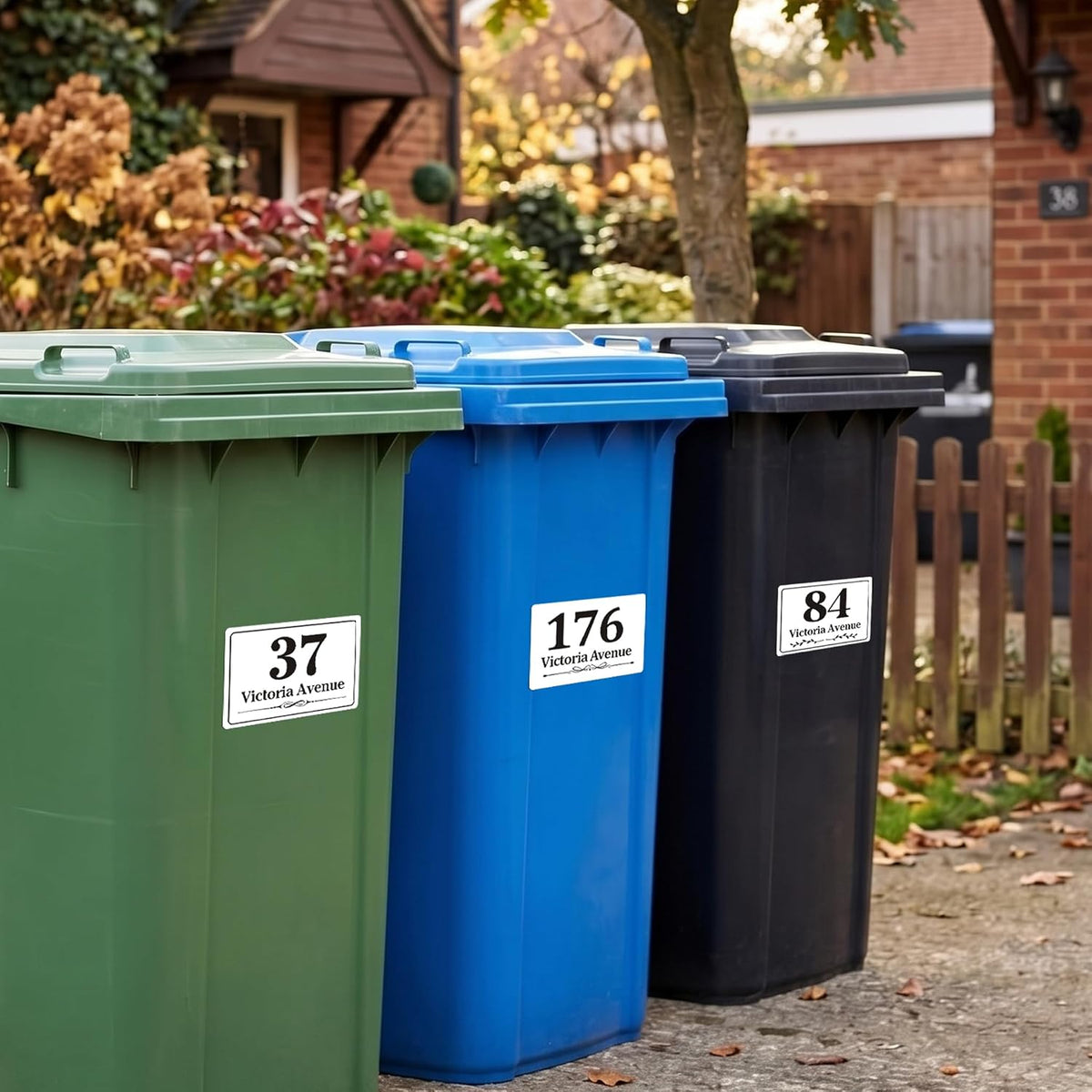 EDSG 4 x Wheelie Bin Stickers, Personalised Bin Numbers for Wheelie Bins, Custom Wheelies Bins Numbers Stickers, Number Sticker with House Number Street Name (Design 2)