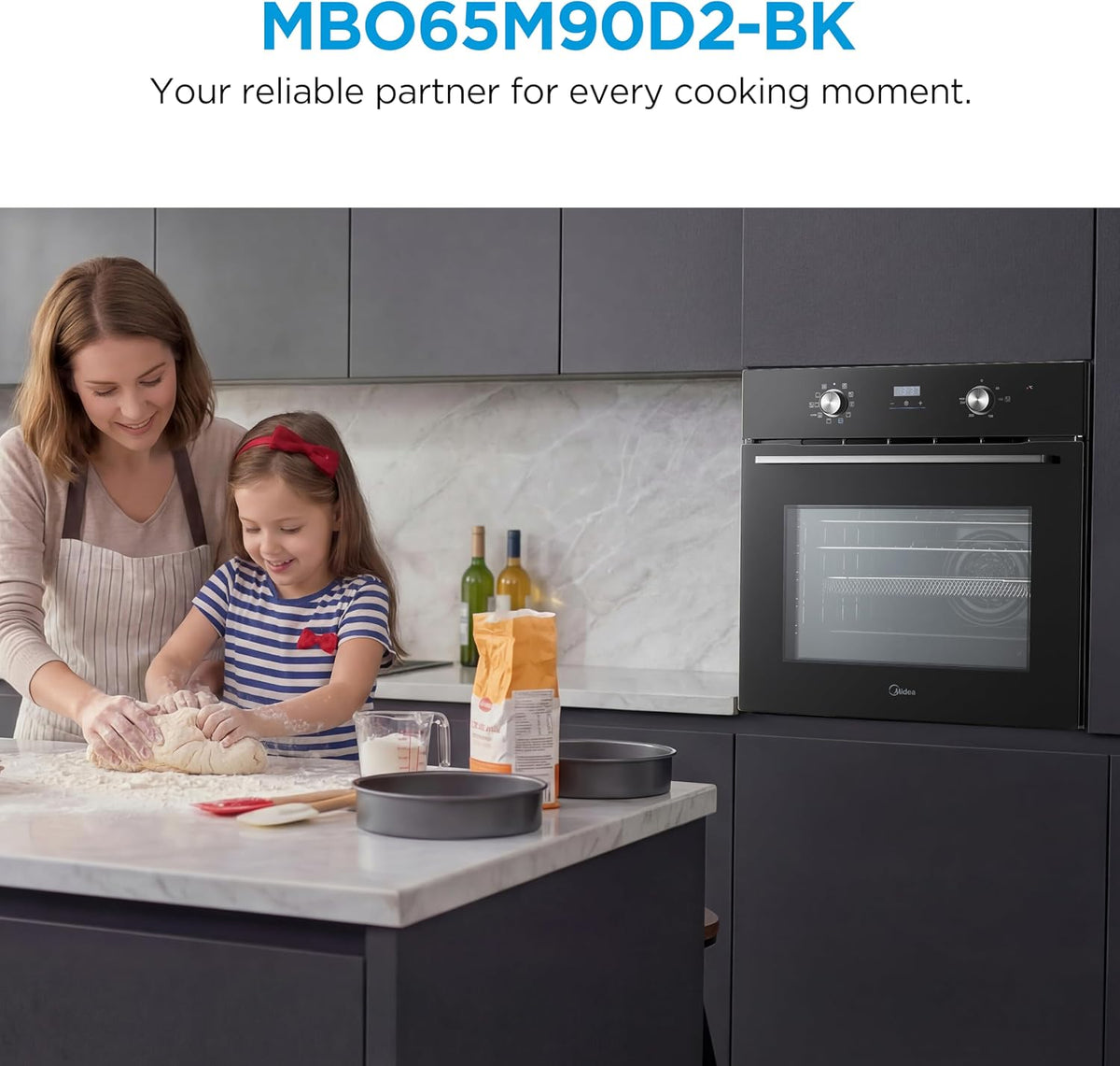 Midea 71L, 60cm Wide, Single Electric Built-in Fan Oven with Air Fry, 12 Oven Functions, Aqua Clean, LED Display, Convection, ECO, MultiLevel Cooking, Color Black - MBO65M90D2-BK