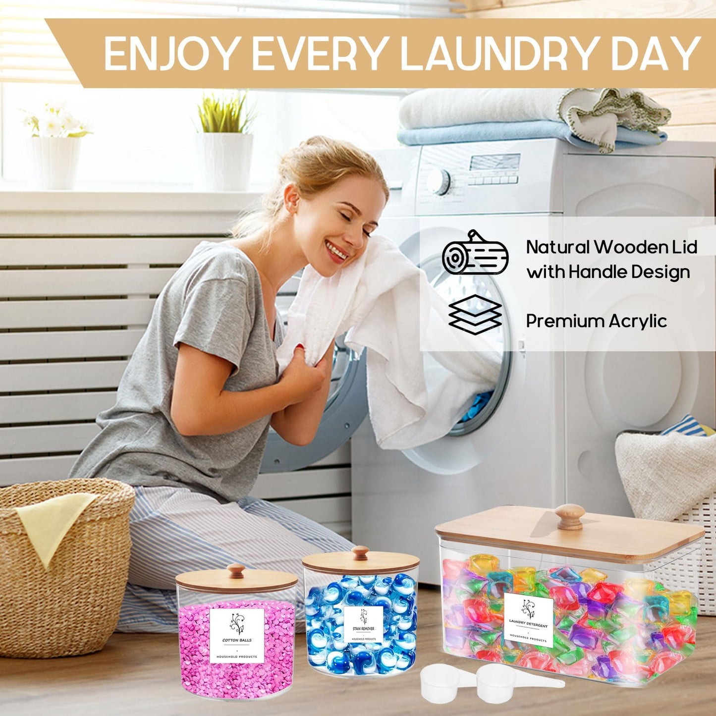 3-Pack Clear Laundry Pods Storage Container with Bamboo Lid, Labels & Scoop – Washing Pods Holder for Powder, Dishwasher Tablets, Scent Booster – Laundry, Bathroom, Kitchen Organization(Square)