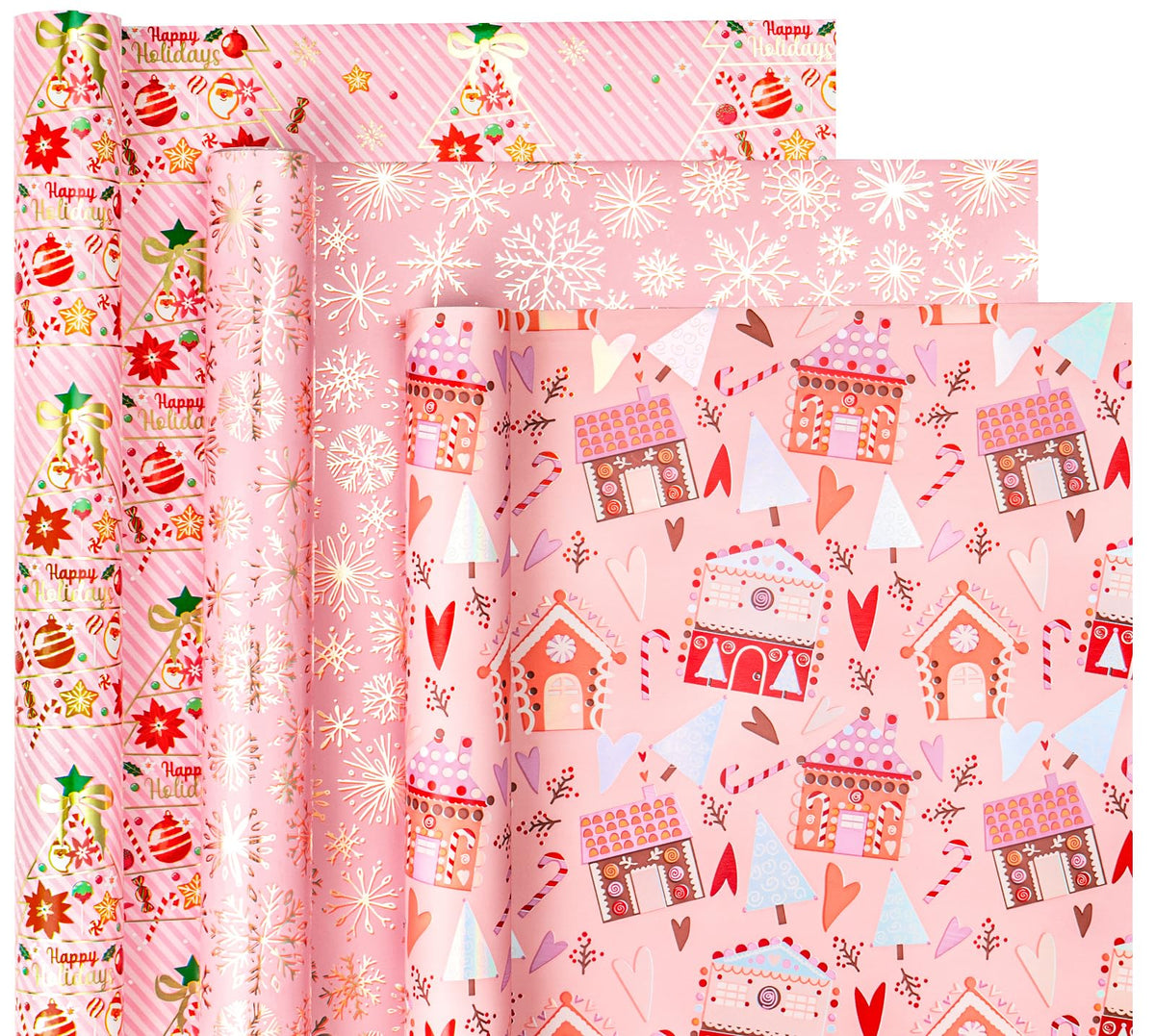 RUSPEPA Christmas Wrapping Paper Roll - Mini Roll - 3 Rolls - 43.2cm x 3m Per Roll - Bird, Christmas Garland, Holly and Pinecones Holiday Design with Metallic Foil Shine