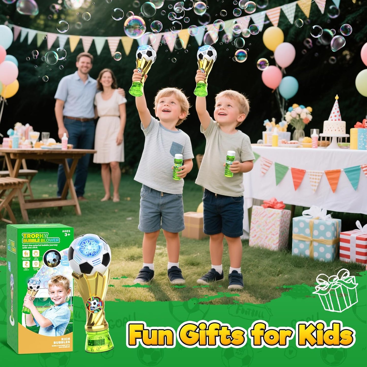 Football Bubble Machine for Kids, Bubble Maker Light Up Automatic Bubble Blower with 2 ×115ml Bubble Solution, Outdoor Indoor Party Garden Wedding Bubble Blaster Gifts for Boys Girls