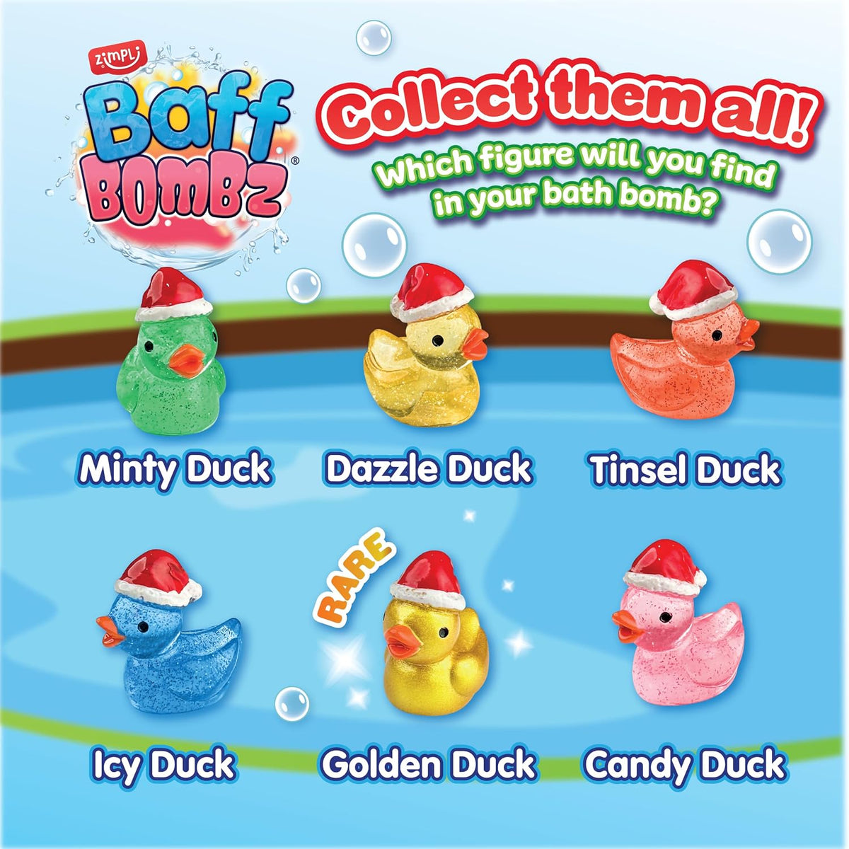 ZIMPLI - Large Christmas Duck Surprise Bath Bomb, 1 of 6 Duck Toys to Collect, One per Baff Bomb, Christmas Toys for Children, Bath Toy Stocking Fillers