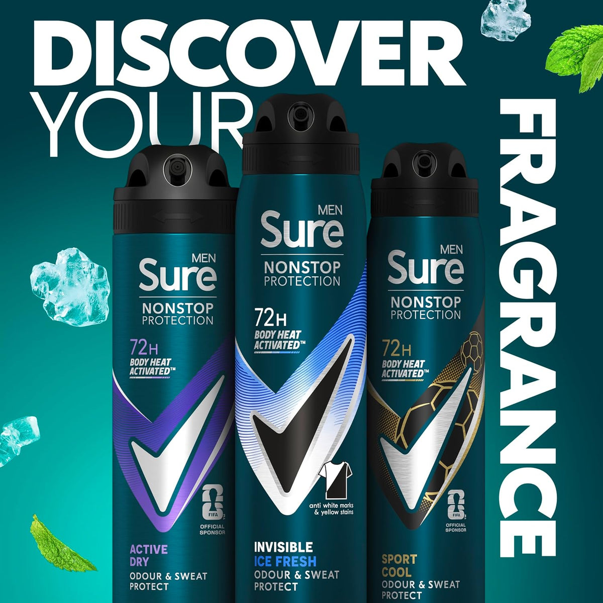 Sure Men Nonstop Protection Invisible Ice Fresh Deodorant Body Spray Antiperspirant with body heat activated technology for 72 hour odour and sweat protection 250 ml