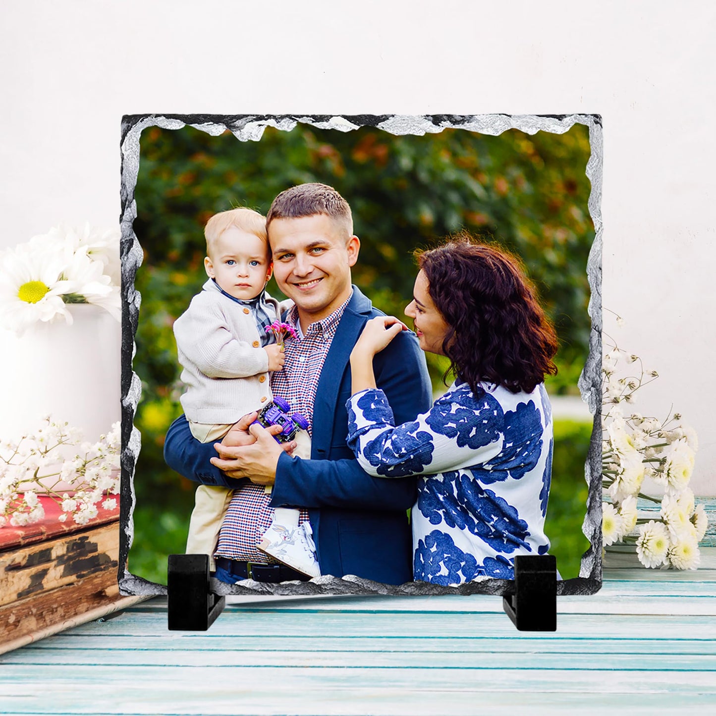 Personalised Photo Slate, Add your photo, text on custom Rock gift Slate with Stands 20cm Square – Keepsake Gift idea for Birthday, Wedding, anniversary, Valentines and for other special moments