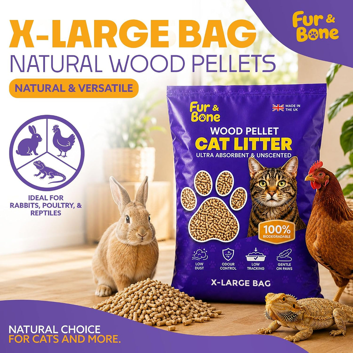 Fur & Bone Cat Litter Wooden Pellets 30L - Non-Clumping, Ultra-Absorbent