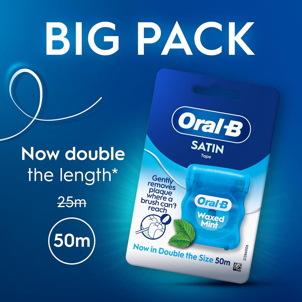 Oral-B Satin Tape Floss, Removes Plaque, Waxed Dental Floss for Tight Spaces, for a Fresh, Clean Feeling, Mint Flavour 50m Roll,2 Count