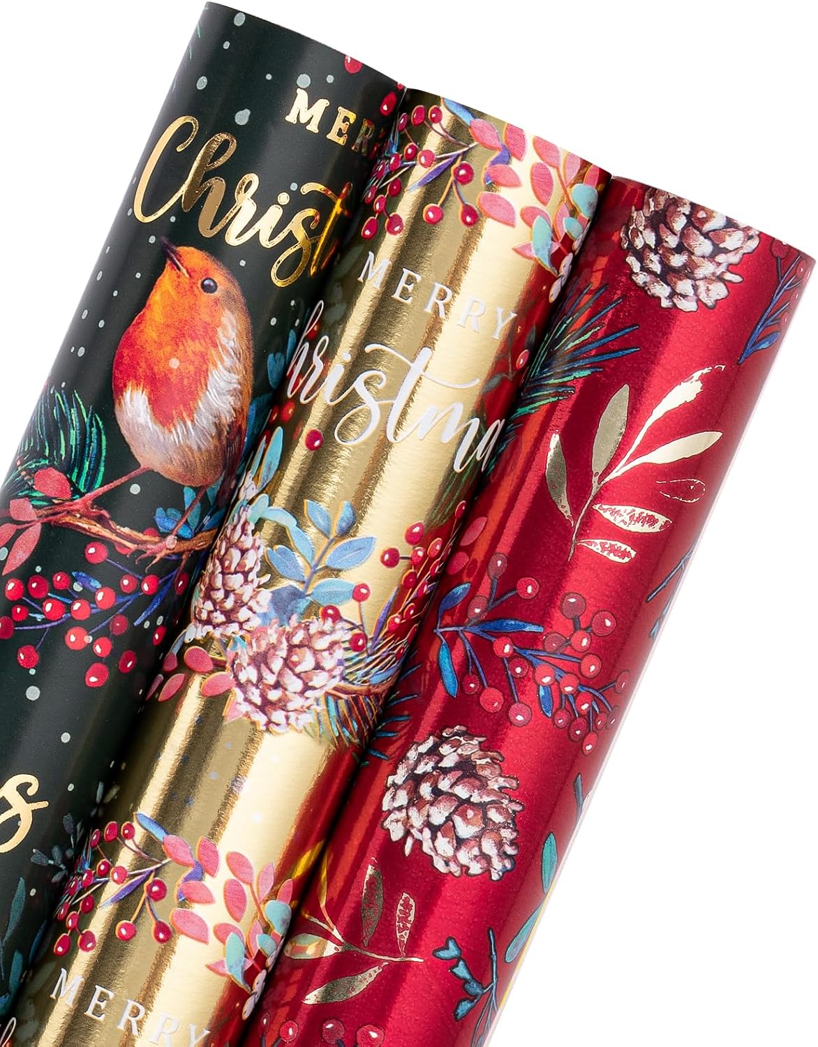 RUSPEPA Christmas Wrapping Paper Roll - Mini Roll - 3 Rolls - 43.2cm x 3m Per Roll - Bird, Christmas Garland, Holly and Pinecones Holiday Design with Metallic Foil Shine