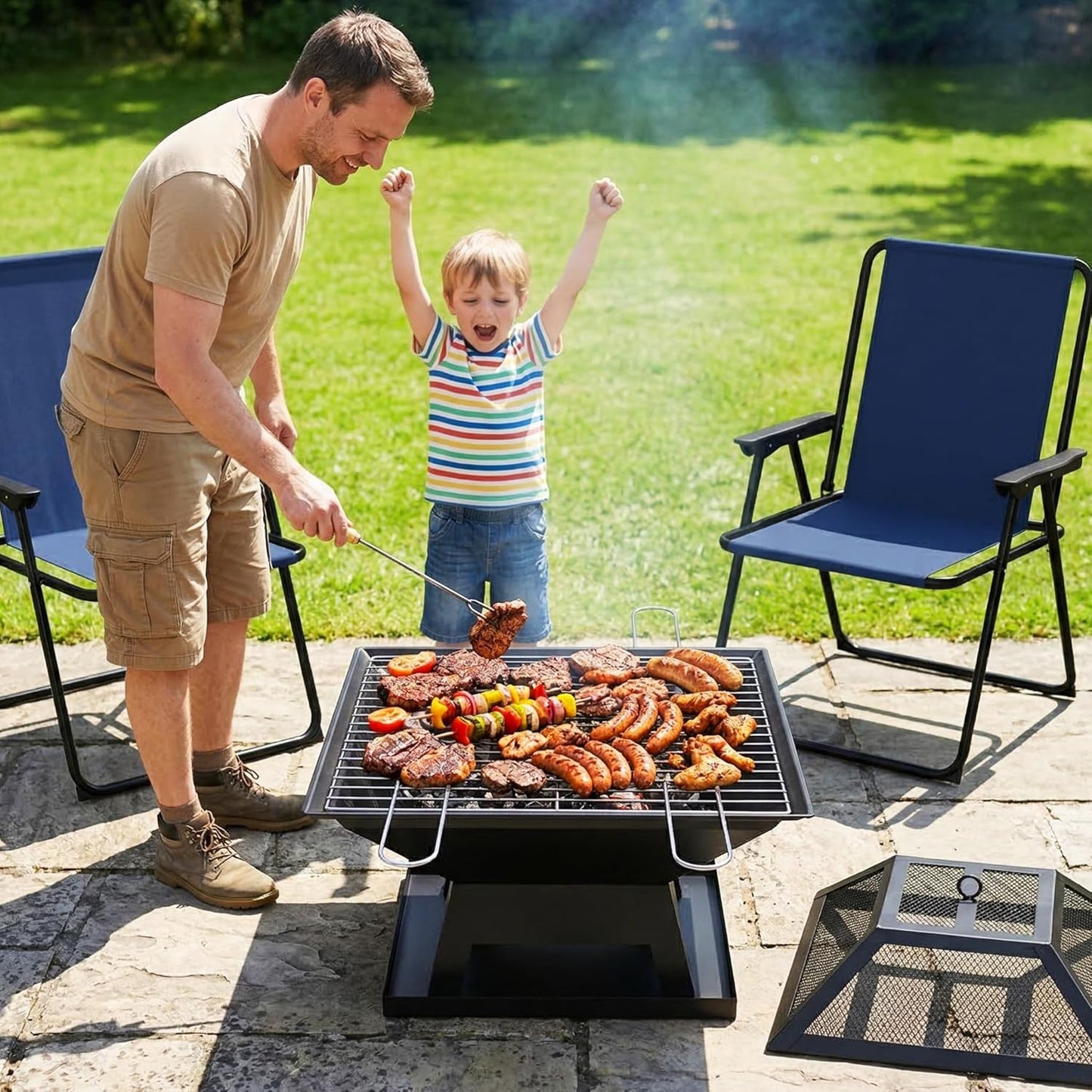 Square Fire Pit with BBQ Grill, Metal Fire Pit BBQ with Mesh Lid & Poker, Outdoor Garden Patio Heater Firepit, Sturdy and Durable Iron Construction - Great for Camping, Picnics or the Garden