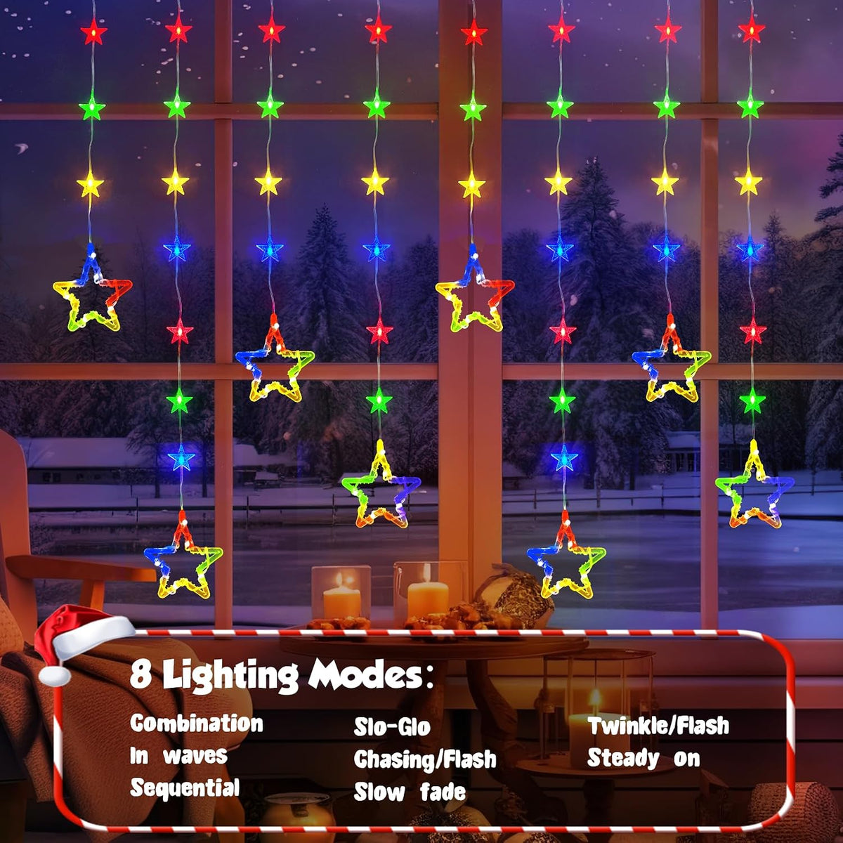 Christmas Star Window Lights, 2M 48 Stars 80 LED Curtain Fairy Lights with Remote, Timer, 8 Modes, Dimmable, USB Powered String Lights for Window, Bedroom, Party, Christmas Decorations