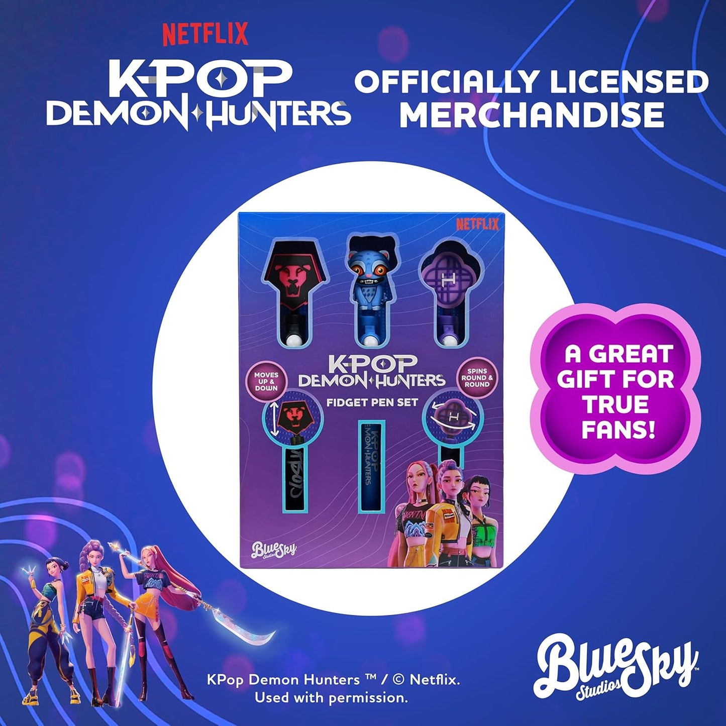 KPop Demon Hunters Fidget Pen Set (Pack of 3) – Official Merchandise – Saja Boys, Derpy & Huntr/x 18cm Black Ink Pens – Soft Touch Sensory Ball-Joint Fidget Toys – K-Pop Stationery Gift Set