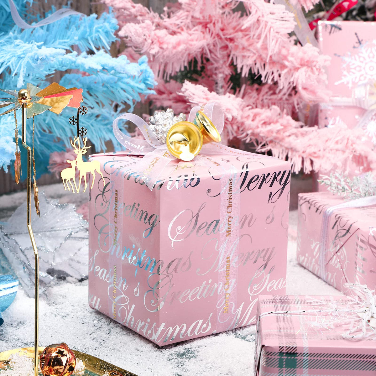 RUSPEPA Christmas Wrapping Paper Roll - Mini Roll - 3 Rolls - 43.2cm x 3m Per Roll - Bird, Christmas Garland, Holly and Pinecones Holiday Design with Metallic Foil Shine
