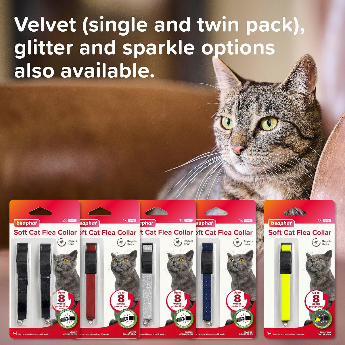 Beaphar – Soft Flea Collar for Cats – Repels Fleas For up to 8 Weeks – Adjustable Fit With Quick Release Safety Buckle – Reflective Finish for More Visibility at Night – 1 x Reflective Collar