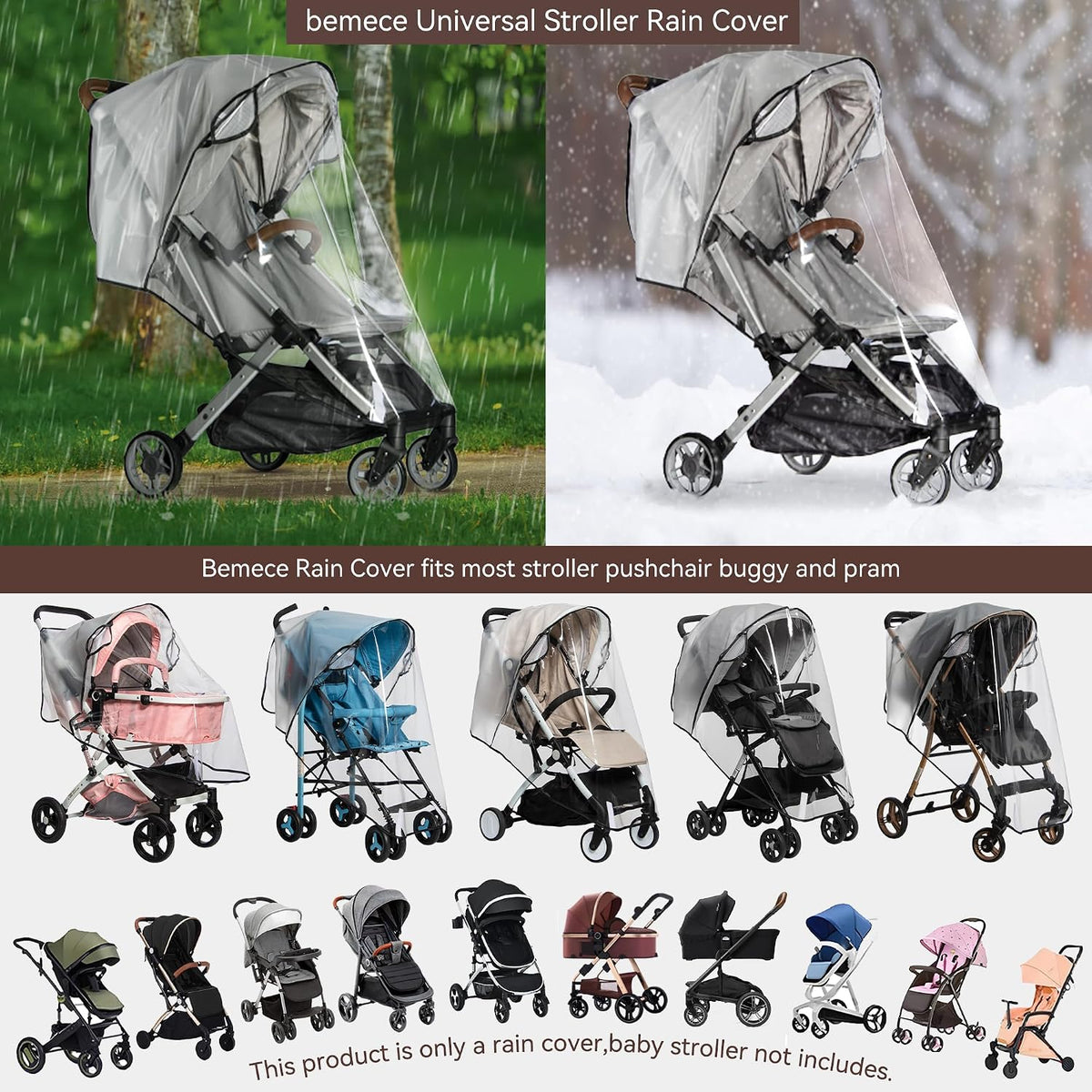 Bemece Universal Rain Cover for Pushchair, Breathable & Transparent