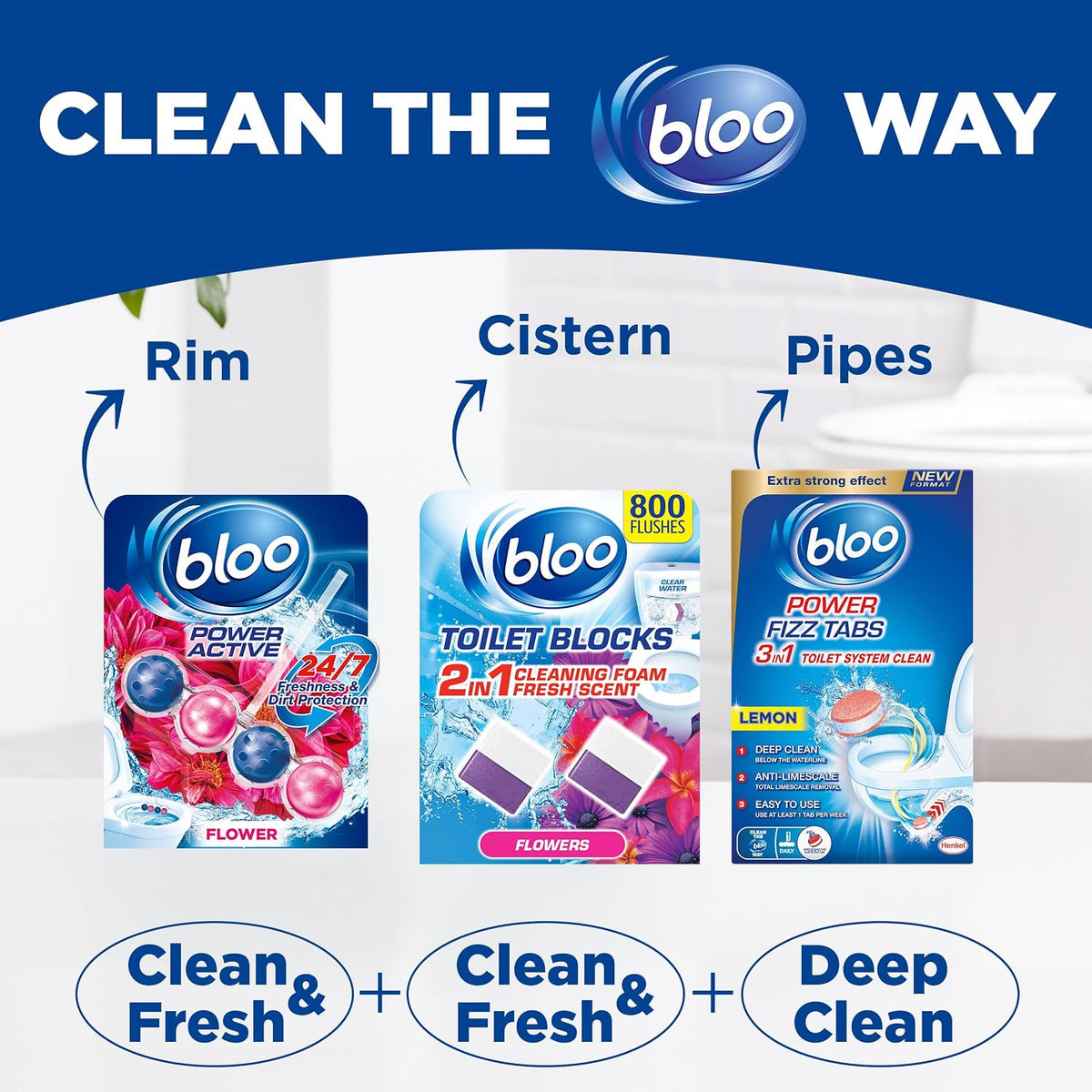 Bloo Power Active Toilet Rim Block & Freshener, Fresh Flowers, Pack of 1