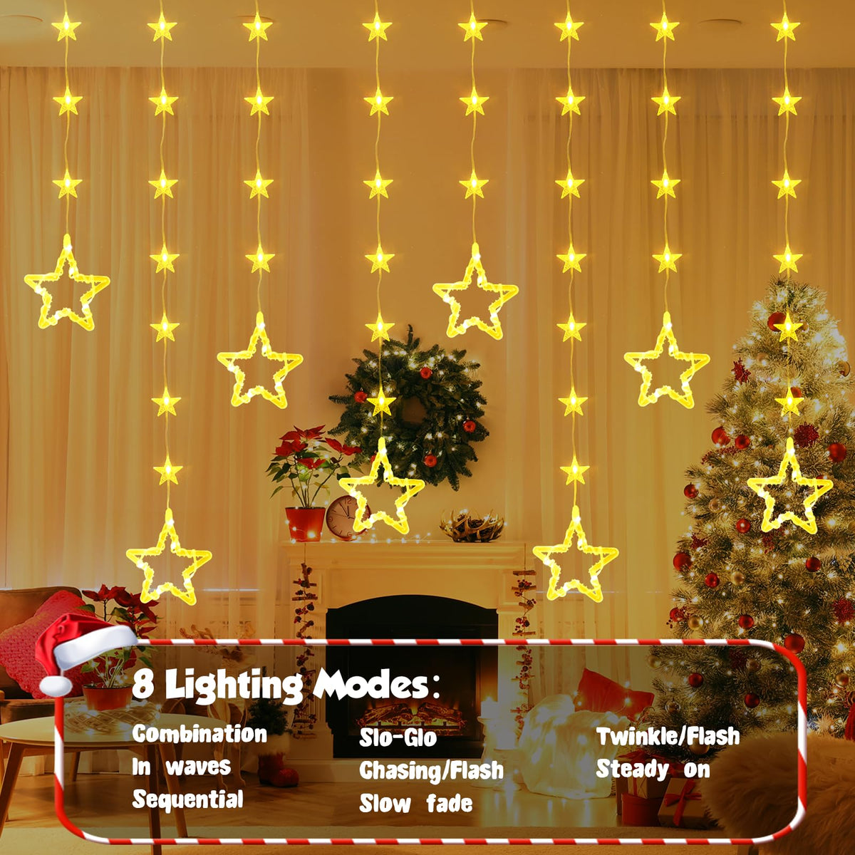 Christmas Star Window Lights, 2M 48 Stars 80 LED Curtain Fairy Lights with Remote, Timer, 8 Modes, Dimmable, USB Powered String Lights for Window, Bedroom, Party, Christmas Decorations