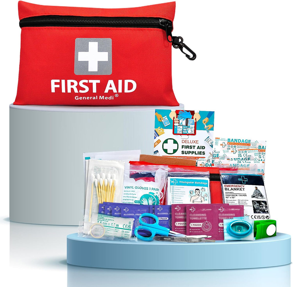 General Medi Mini First Aid Kit, 92 Pieces Small First Aid Kit - Includes Emergency Foil Blanket, Scissors for Travel, Home, Office, Vehicle, Camping, Workplace & Outdoor (Red)