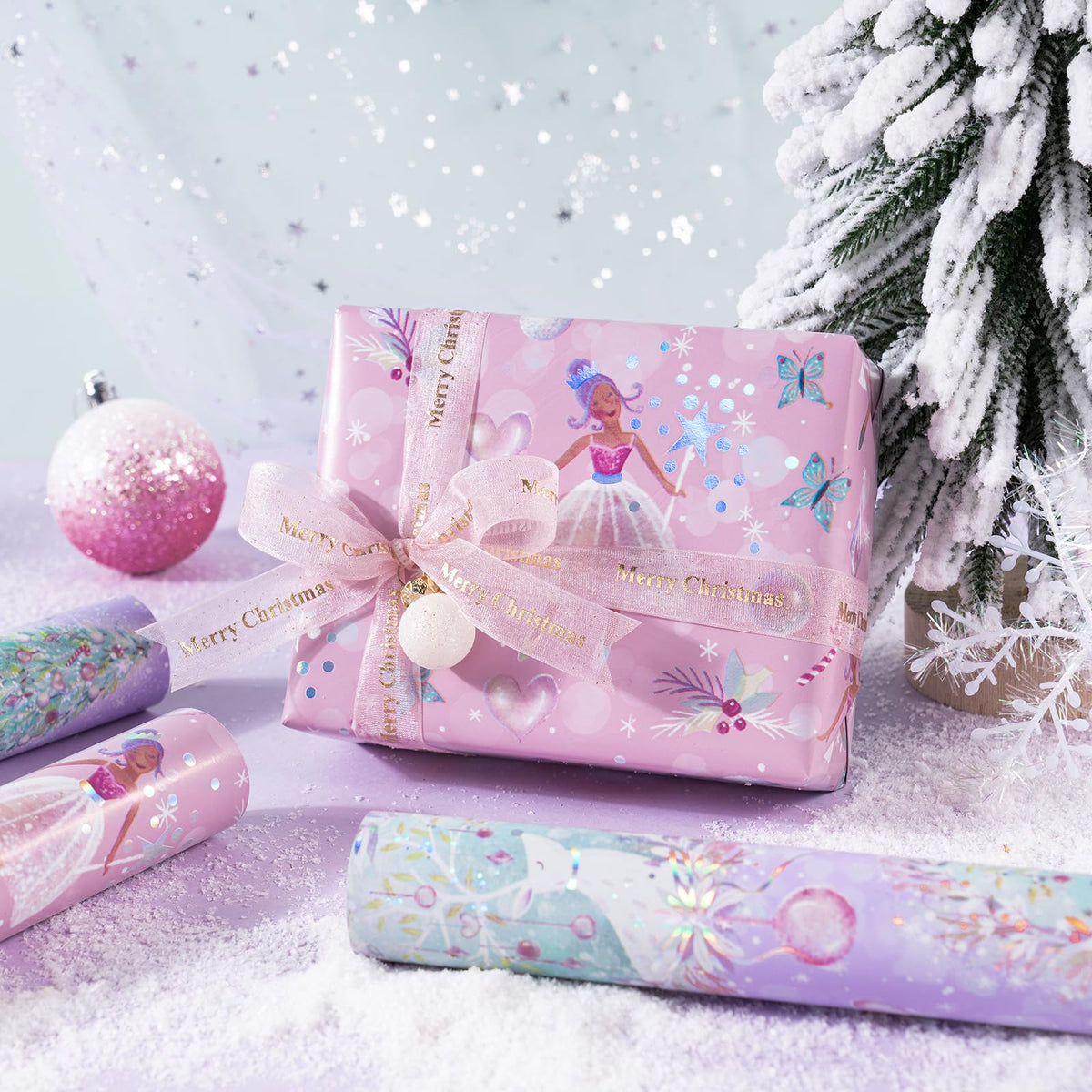 RUSPEPA Christmas Wrapping Paper Roll - Mini Roll - 3 Rolls - 43.2cm x 3m Per Roll - Bird, Christmas Garland, Holly and Pinecones Holiday Design with Metallic Foil Shine